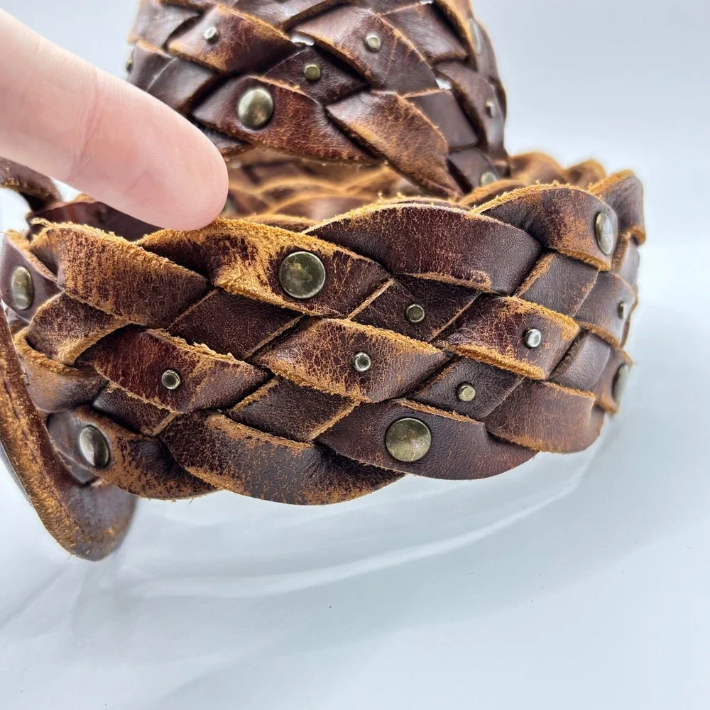 Vintage Wide Braided‎ Brown Leather Studded Belt Round Buckle Mahogany 1.75in OS